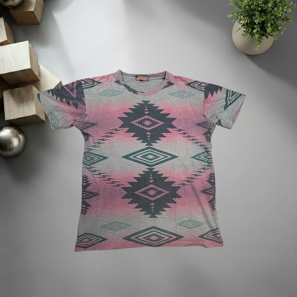 Vintage VAVA Southwestern Geometric Print T-Shirt Grey Pink Y2K Skater Size M